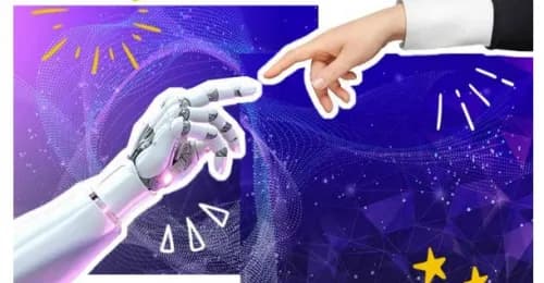 robotic arm reaching out to touch a finger on a human arm.