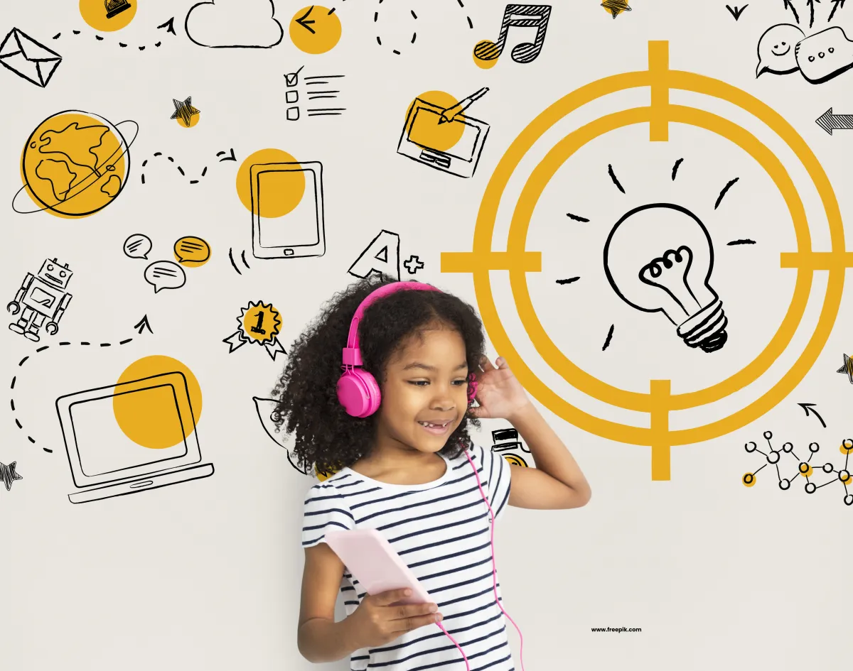 Niña con audífonos puestos, con íconos alrededor de ella se recrean sus pensamientos: ideas, música, videos, palabras. Foto: Freepik