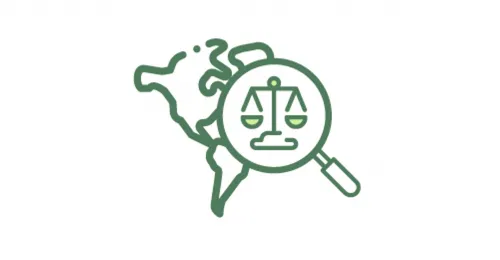 Mapa de las Américas con una lupa en la que sobresale un ícono que representa justicia