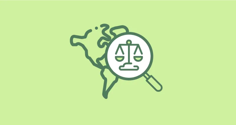 Mapa de las Américas con una lupa en la que sobresale un ícono que representa justicia