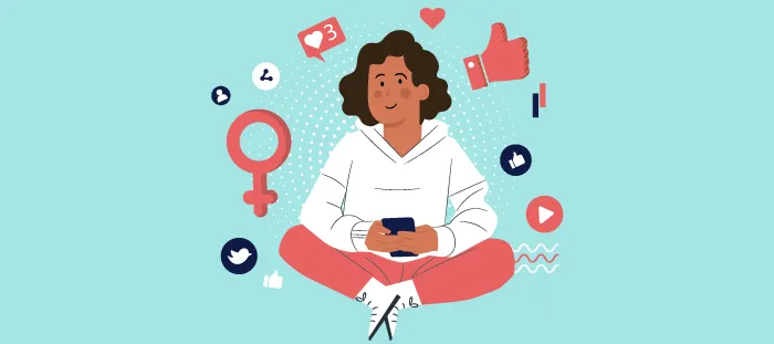 A woman surrounded by technological icons